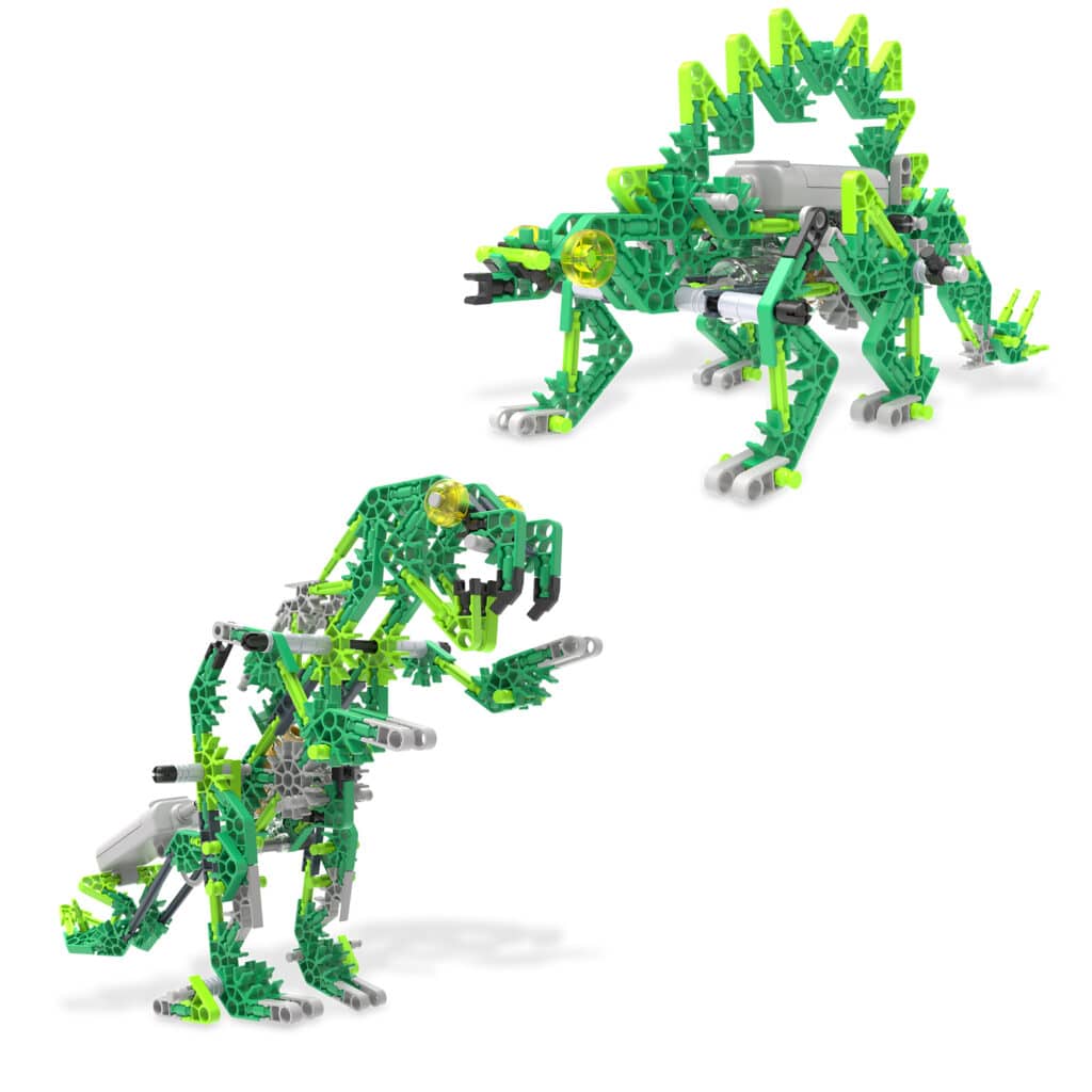 Image shows an example of two dinos that can be built from the K'NEX Dynamic Dinos 6-in-1 Building Set