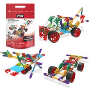 Three toys built from the K'NEX Custom Cruisers 30 Model Building Set featuring the packaging