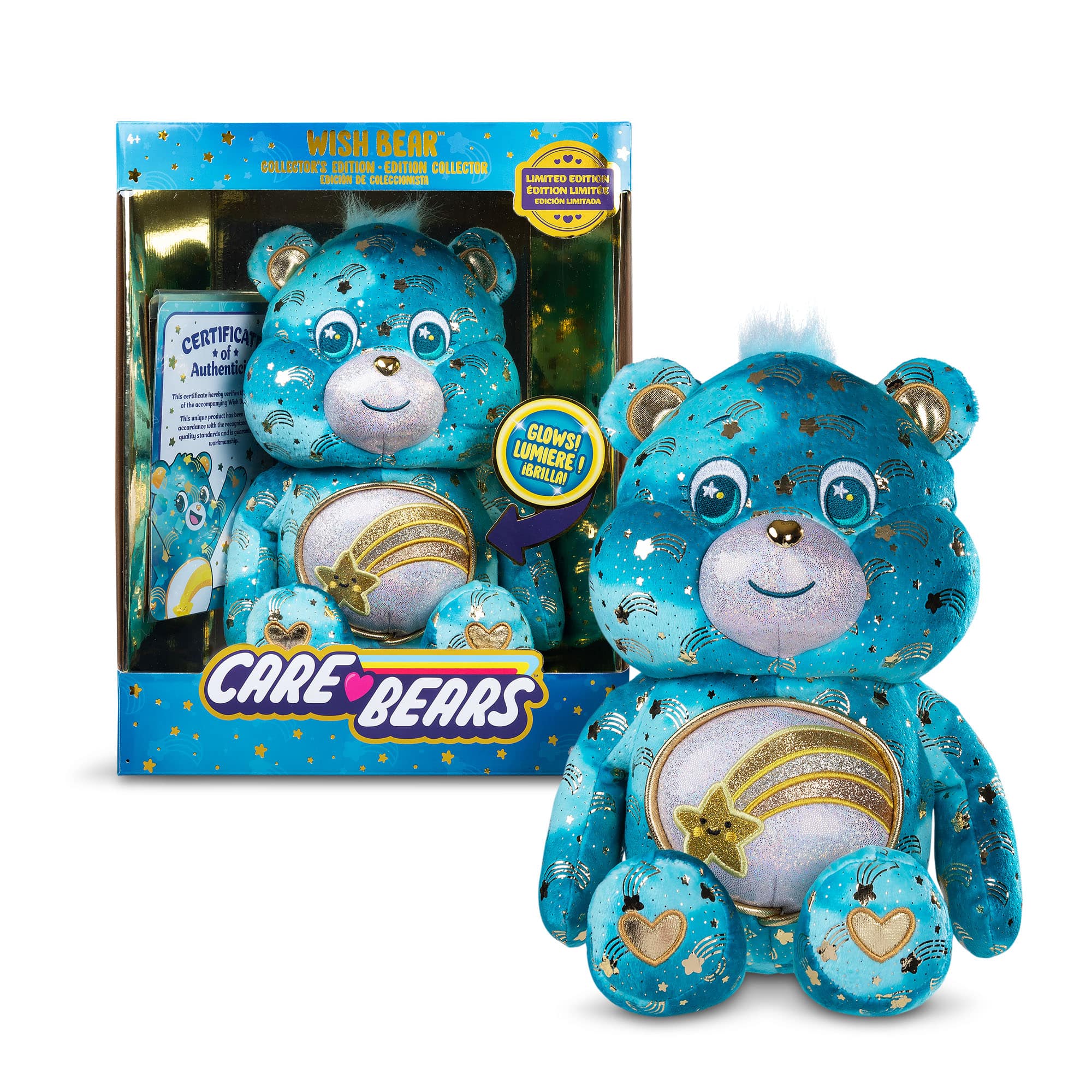 Care Bears - 14" Medium Plush - Collector's Edition Wish Bear in and out of packaging