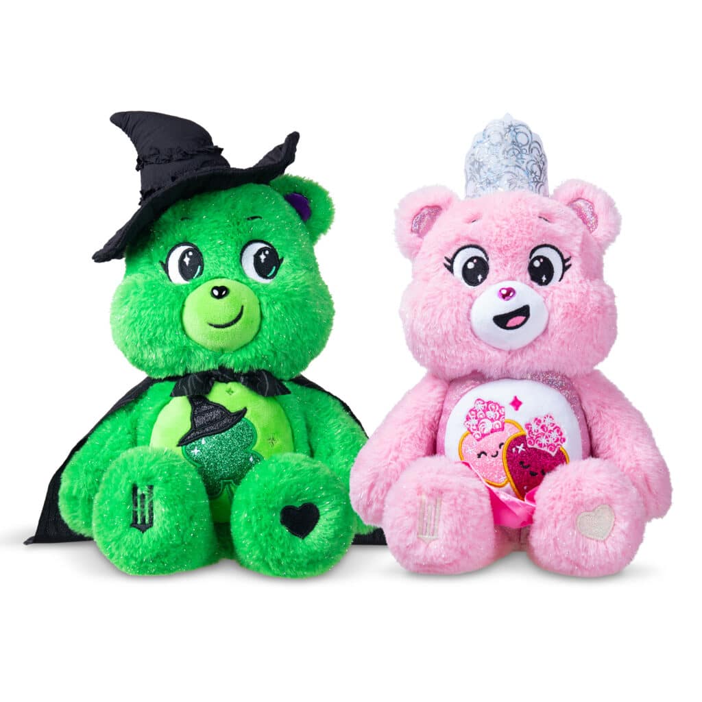 Love-a-Lot Bear as Glinda and Good Luck Bear as Elphaba included in the Care Bears x Wicked 2-Pack Boxed Set