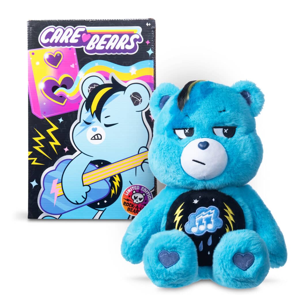 Care Bears - 14" Medium Plush - Rock-a-Lot Grumpy Bear in and out of packaging