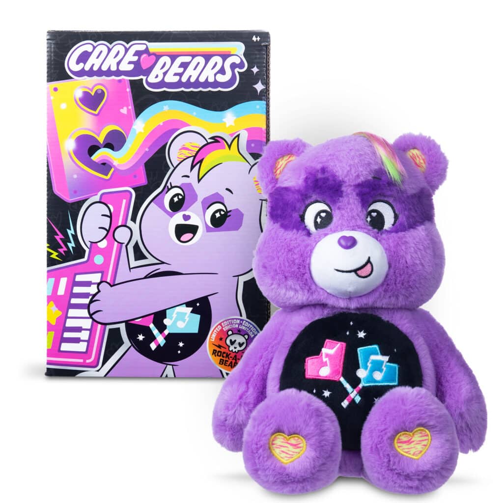 Care Bears - 14" Medium Plush - Rock-a-Lot Share Bear in and out of packaging