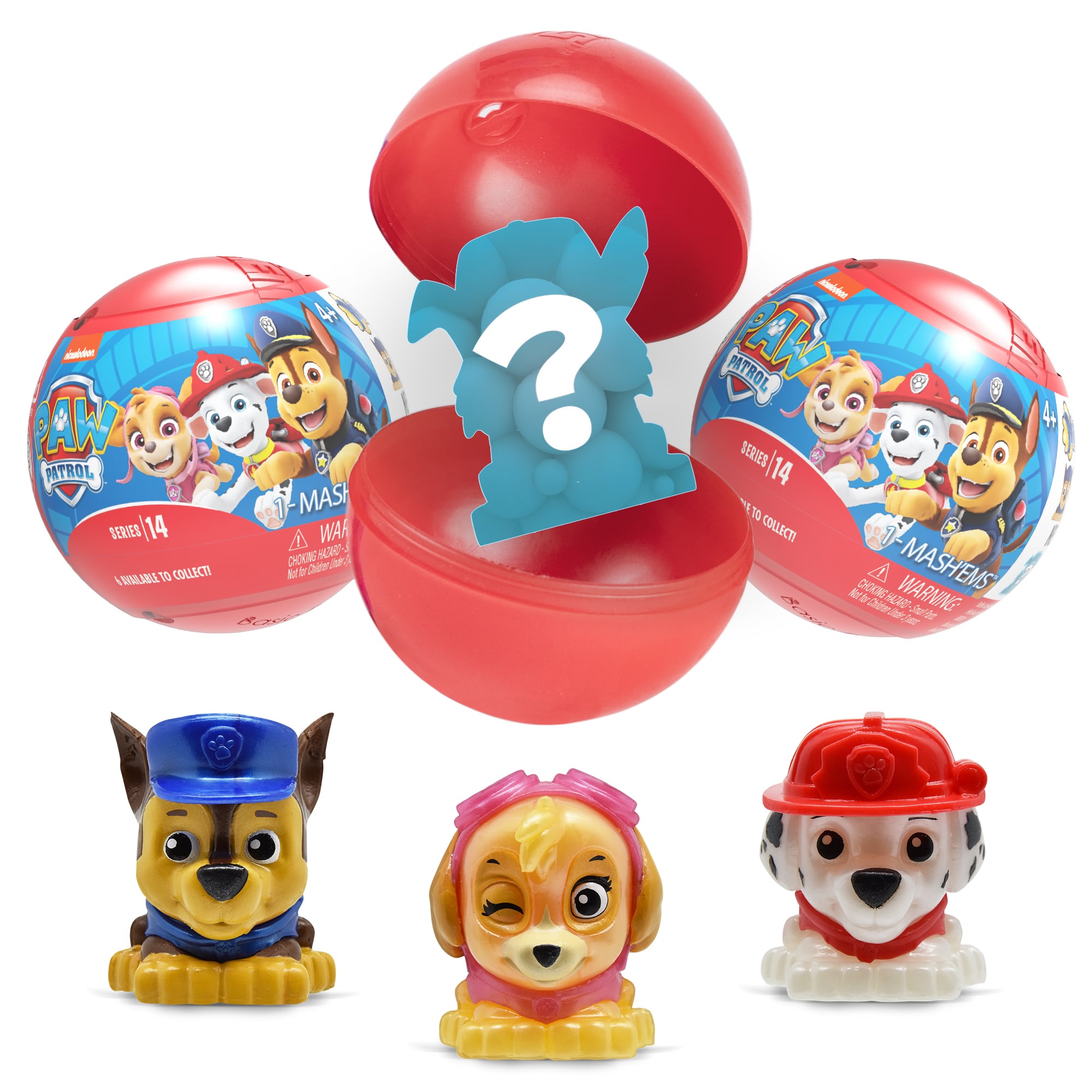 Mash'ems Paw Patrol in and out of sphere packaging also showing three potential figurines you could get
