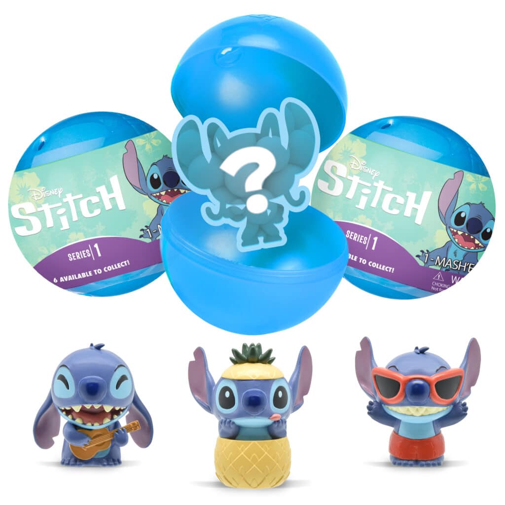 Photo includes the sphere packaging that enables the surprise unboxing to reveal which stitch figurine you got also featured in the photo is three of the potential stitch figurines you could get!