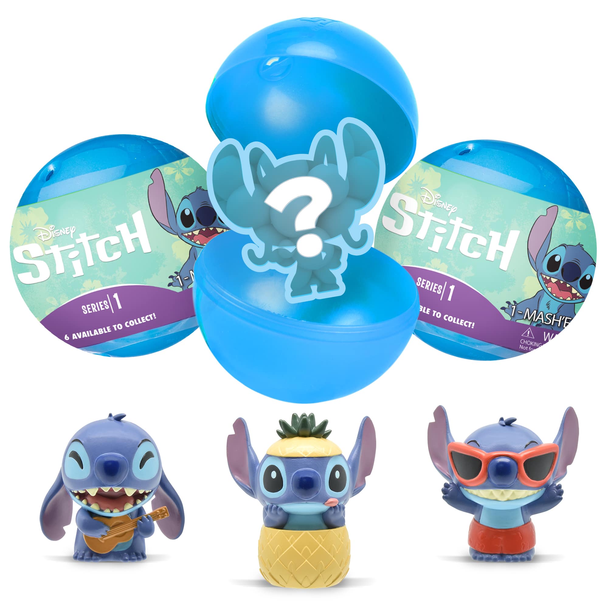 Photo includes the sphere packaging that enables the surprise unboxing to reveal which stitch figurine you got also featured in the photo is three of the potential stitch figurines you could get!