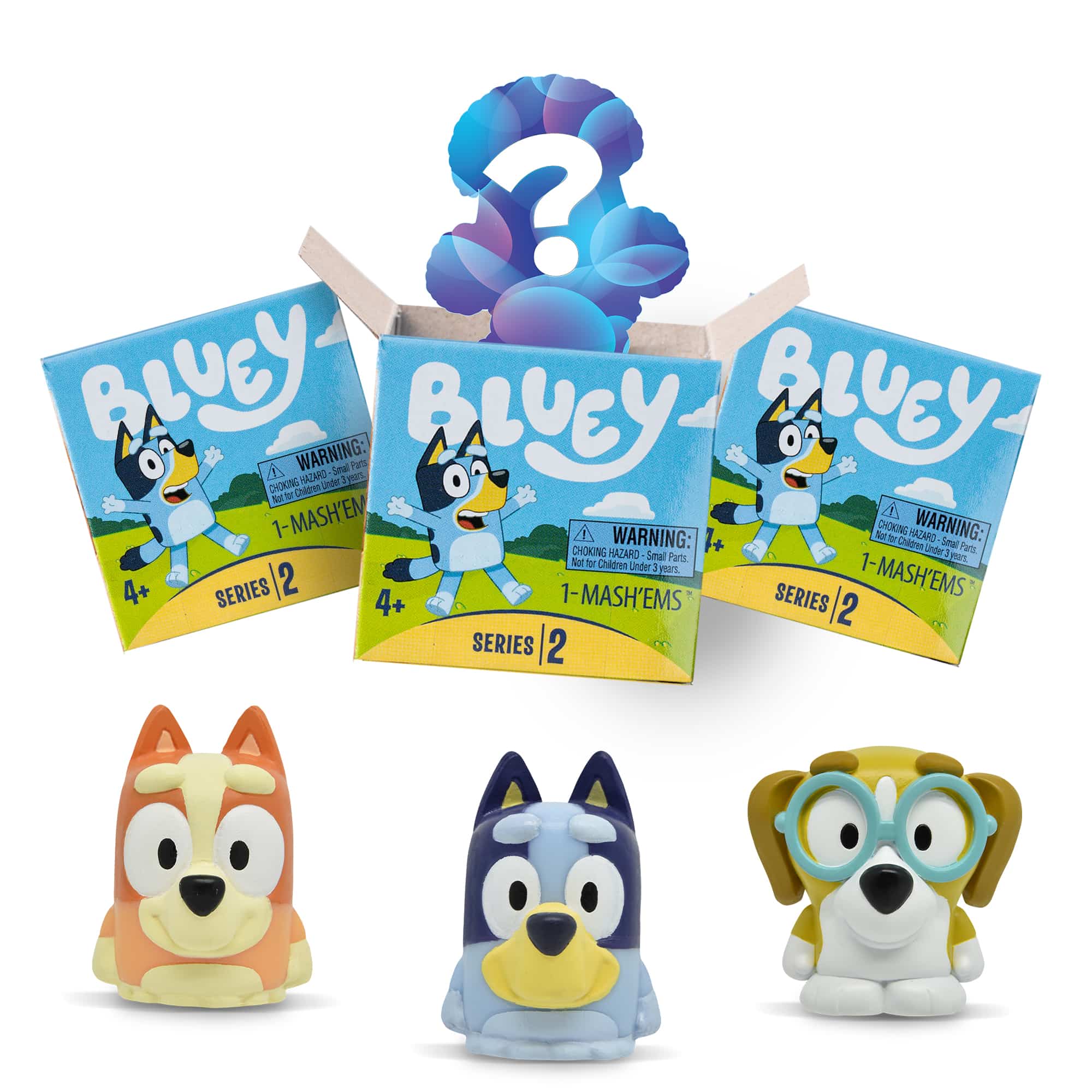 Displays box packaging and three potential Bluey figurines you can collect