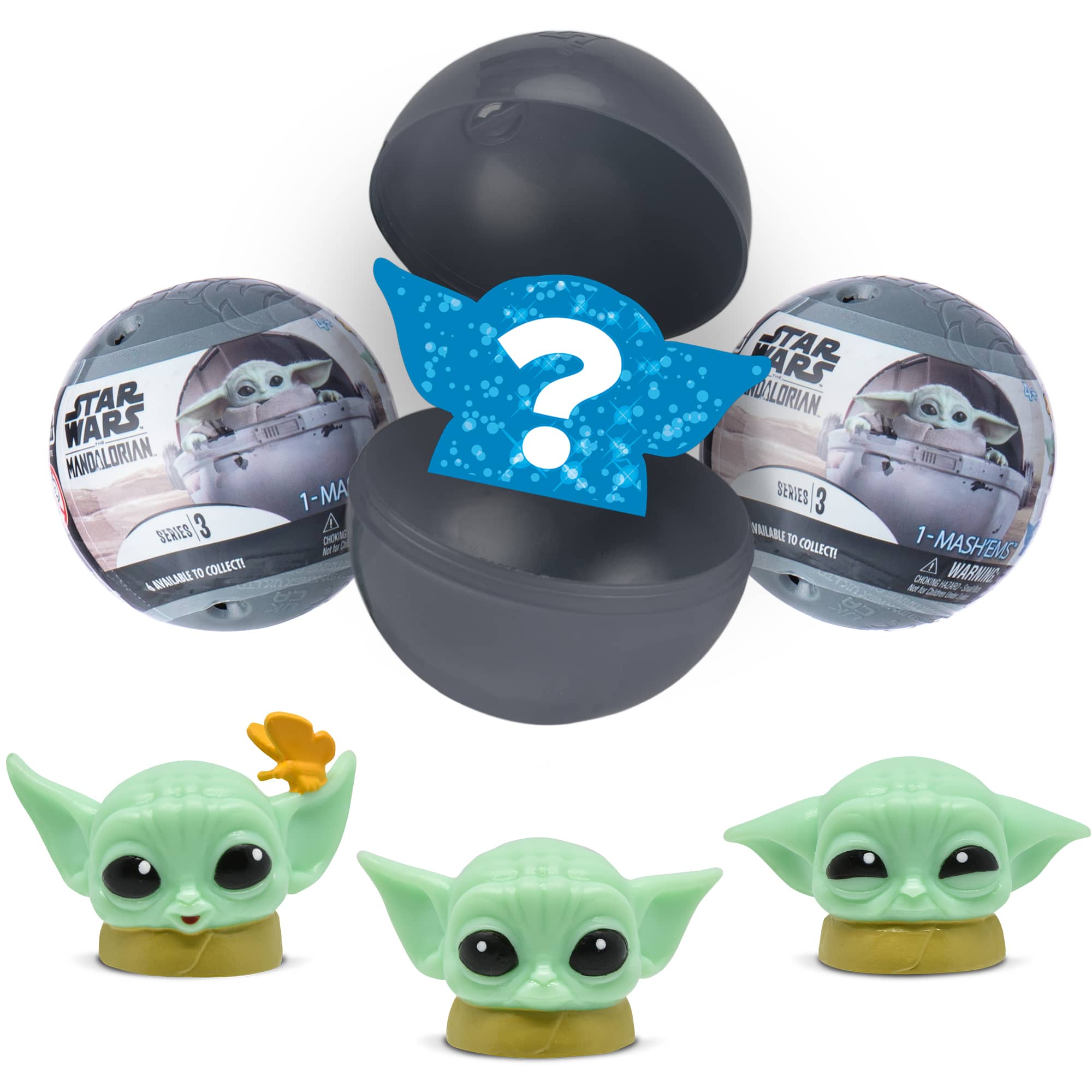Mash'ems Disney The Mandalorian, Grogu Series in and out of sphere packaging showing the surprise unboxing and three potential figurines you could get