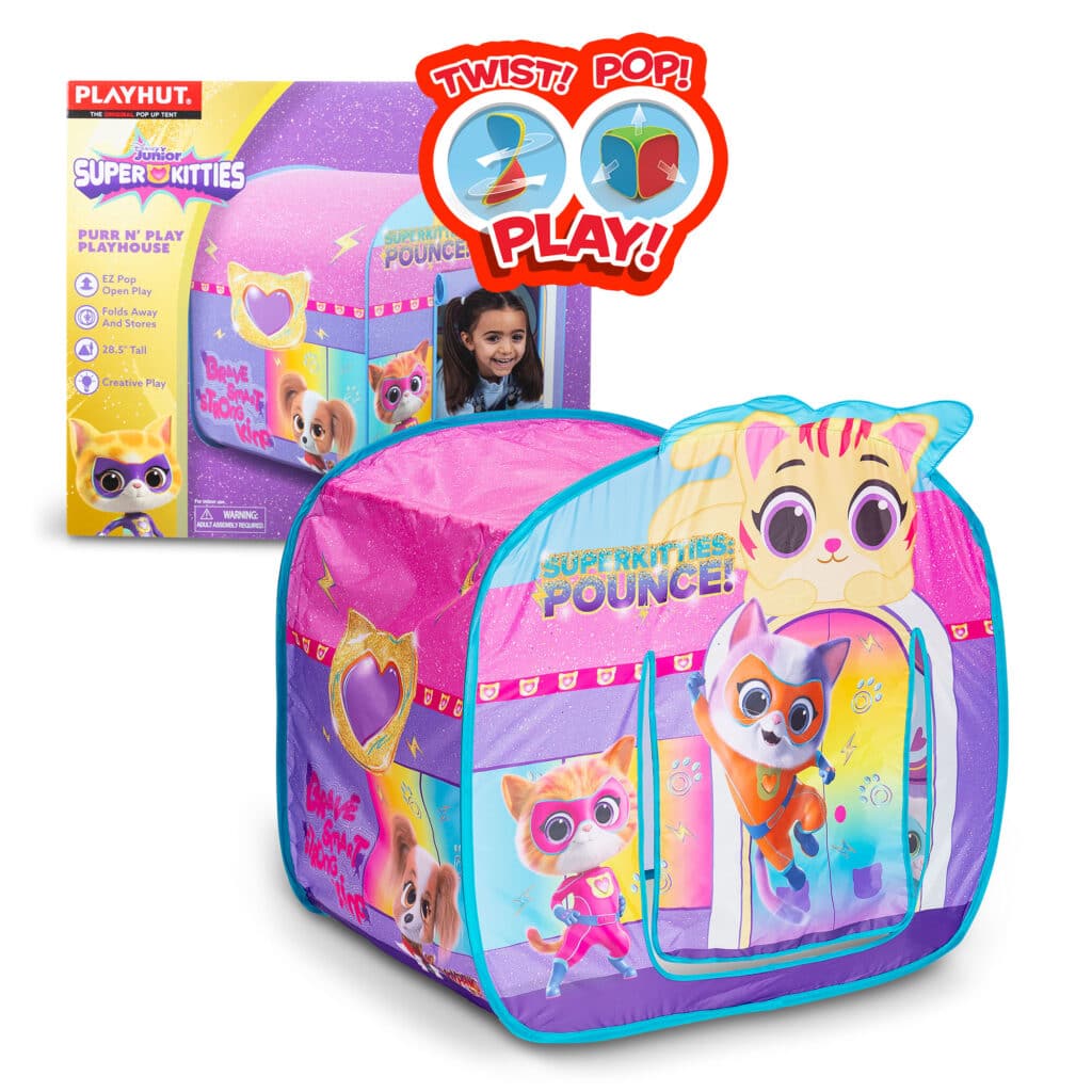 Playhut SuperKitties Purr N Play Playhouse in and out of packaging